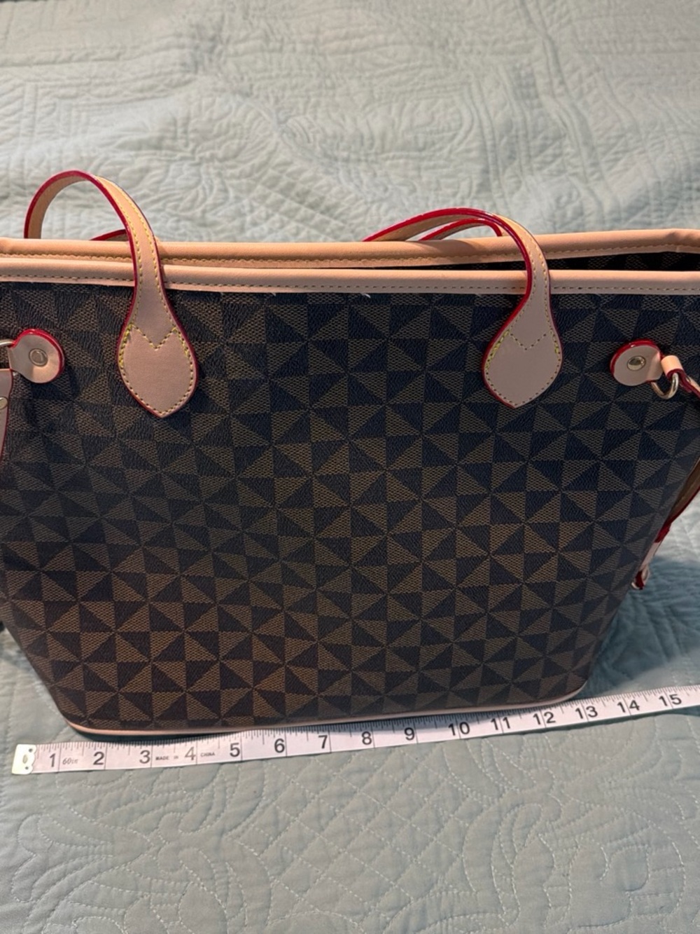 Women's Geometric Print Tote Bag in Brown and Beige